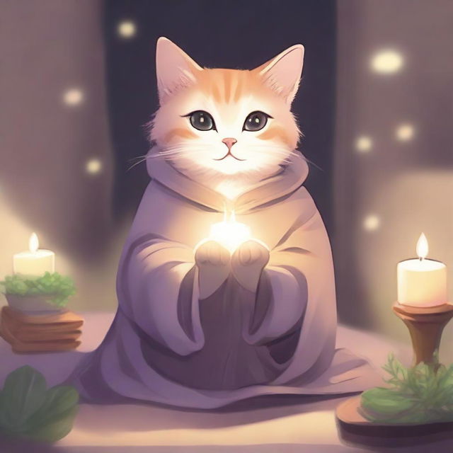 A magical cat with a gentle and wise expression, wearing a small healer's cloak