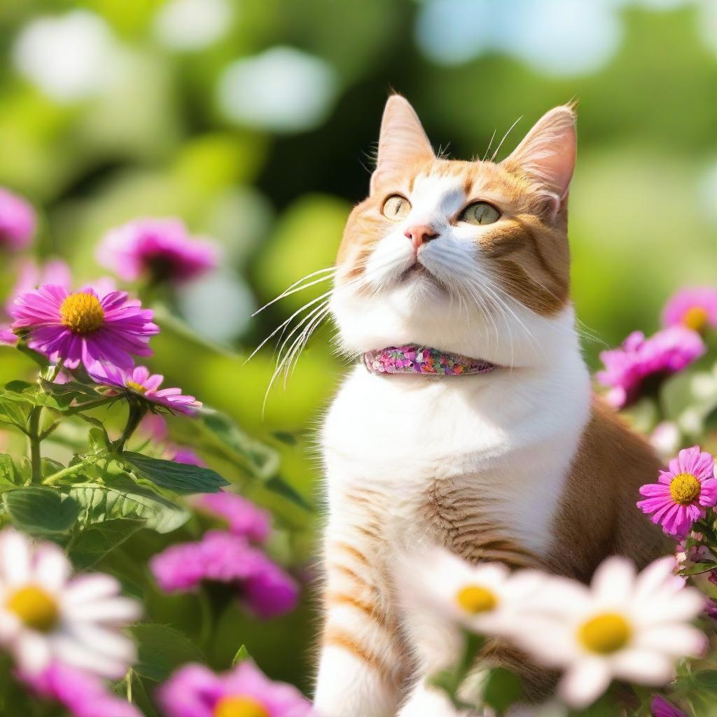 A joyful and content cat sitting in a sunny garden, with a big smile on its face