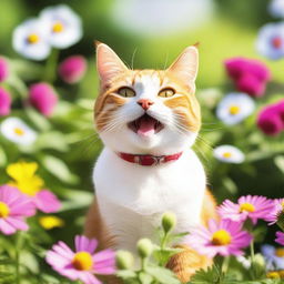 A joyful and content cat sitting in a sunny garden, with a big smile on its face