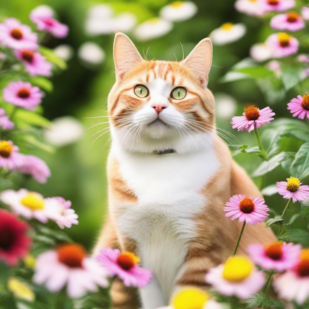 A joyful and content cat sitting in a sunny garden, with a big smile on its face