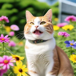 A joyful and content cat sitting in a sunny garden, with a big smile on its face