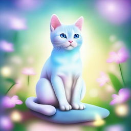 A mystical cat with a gentle and caring demeanor, sitting gracefully on a soft cushion