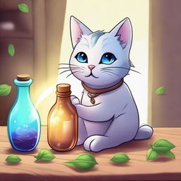 A mischievous yet mystical cat, caught in the act of knocking over a bottle of healing potion on a wooden table