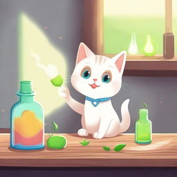 A mischievous yet mystical cat, caught in the act of knocking over a bottle of healing potion on a wooden table