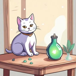 A mischievous yet mystical cat, caught in the act of knocking over a bottle of healing potion on a wooden table