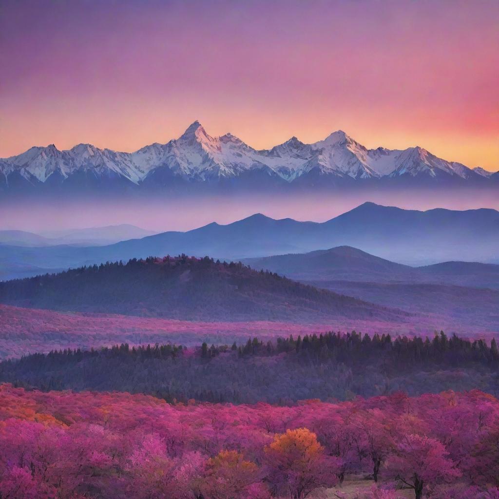 A stunning, vivid, high-definition panoramic view of a landscape at sunset, filled with vibrant shades of pink, orange, and violet, juxtaposed with silhouettes of towering trees and mountains on the horizon.