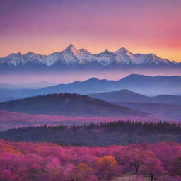 A stunning, vivid, high-definition panoramic view of a landscape at sunset, filled with vibrant shades of pink, orange, and violet, juxtaposed with silhouettes of towering trees and mountains on the horizon.