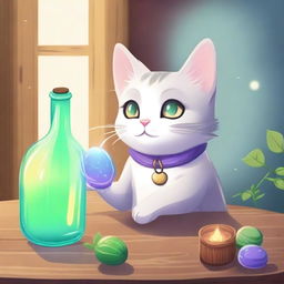 A mischievous yet mystical cat, caught in the act of knocking over a bottle of healing potion on a wooden table