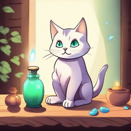 A mischievous yet mystical cat, caught in the act of knocking over a bottle of healing potion on a wooden table