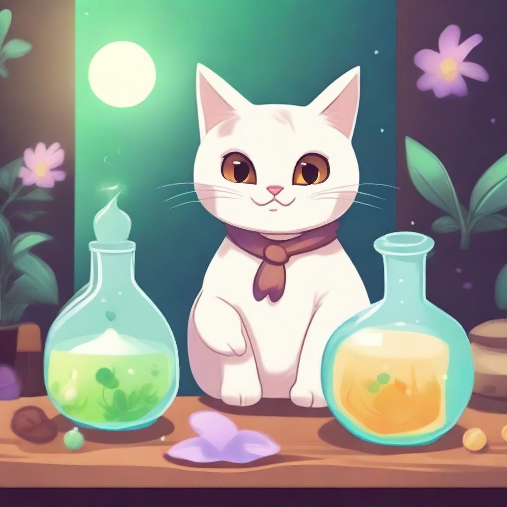 A mischievous yet mystical cat, caught in the act of knocking over a bottle of healing potion on a wooden table