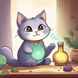 A mischievous yet mystical cat, caught in the act of knocking over a bottle of healing potion on a wooden table