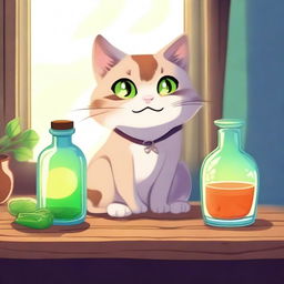 A mischievous yet mystical cat, caught in the act of knocking over a bottle of healing potion on a wooden table