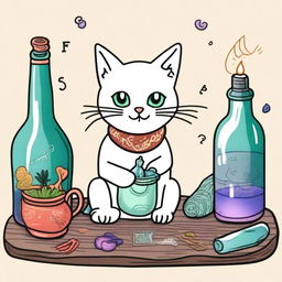 An embroidery drawing featuring a mischievous yet mystical cat, caught in the act of knocking over a bottle of healing potion on a wooden table