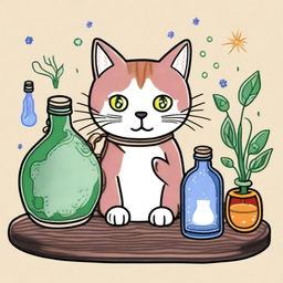 An embroidery drawing featuring a mischievous yet mystical cat, caught in the act of knocking over a bottle of healing potion on a wooden table