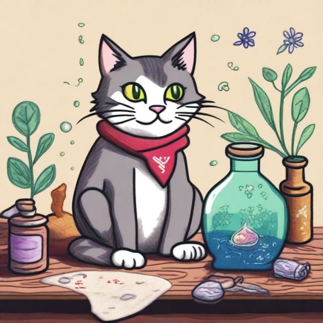 An embroidery drawing featuring a mischievous yet mystical cat, caught in the act of knocking over a bottle of healing potion on a wooden table