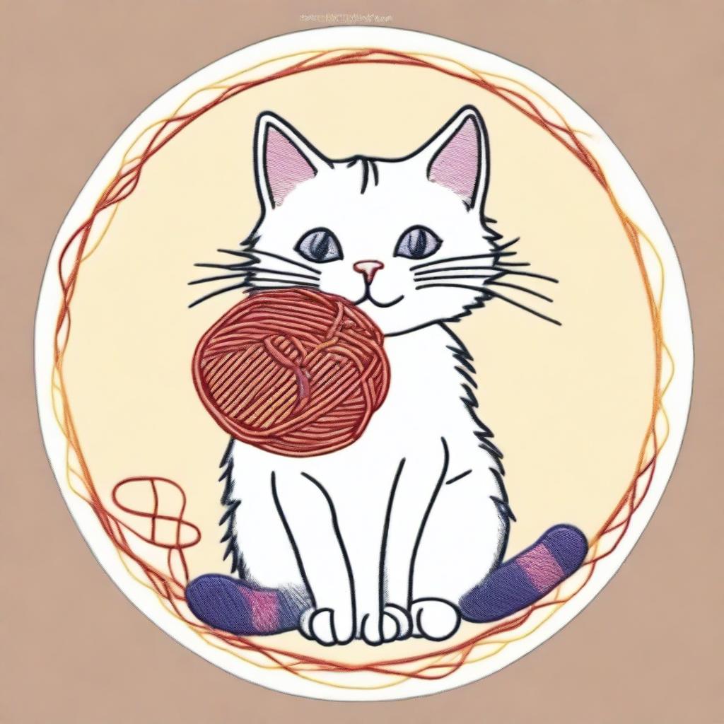 An embroidery drawing of a naughty cat, depicted in a playful and mischievous pose