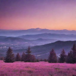 A stunning, vivid, high-definition panoramic view of a landscape at sunset, filled with vibrant shades of pink, orange, and violet, juxtaposed with silhouettes of towering trees and mountains on the horizon.