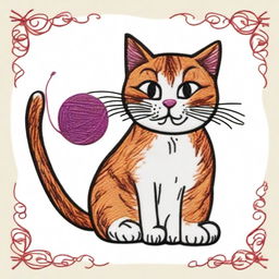 An embroidery drawing of a naughty cat, depicted in a playful and mischievous pose