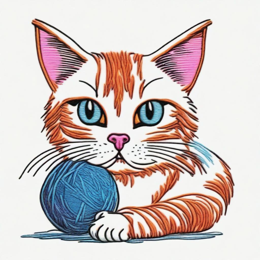 An embroidery drawing of a naughty cat, depicted in a playful and mischievous pose