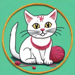 An embroidery drawing of a naughty cat, depicted in a playful and mischievous pose