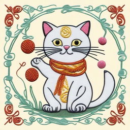 An embroidery drawing of a naughty and happy cat, depicted in a playful and mischievous pose