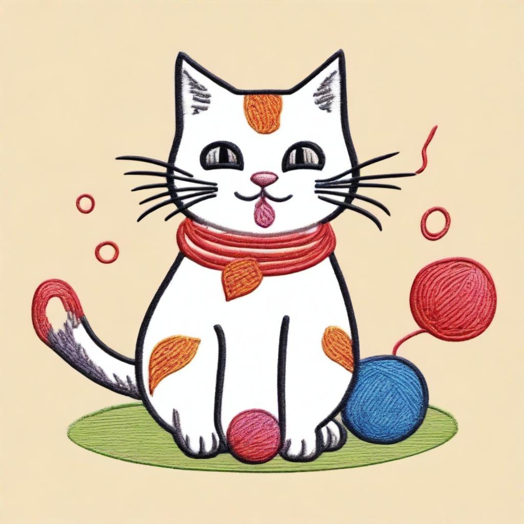 An embroidery drawing of a naughty and happy cat, depicted in a playful and mischievous pose