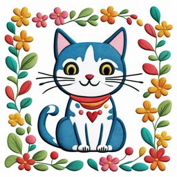 An embroidery drawing of a cute and happy cat, depicted in a joyful and playful pose