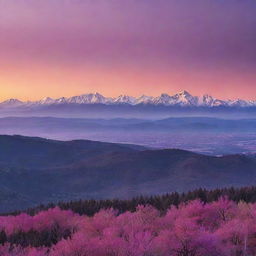 A stunning, vivid, high-definition panoramic view of a landscape at sunset, filled with vibrant shades of pink, orange, and violet, juxtaposed with silhouettes of towering trees and mountains on the horizon.