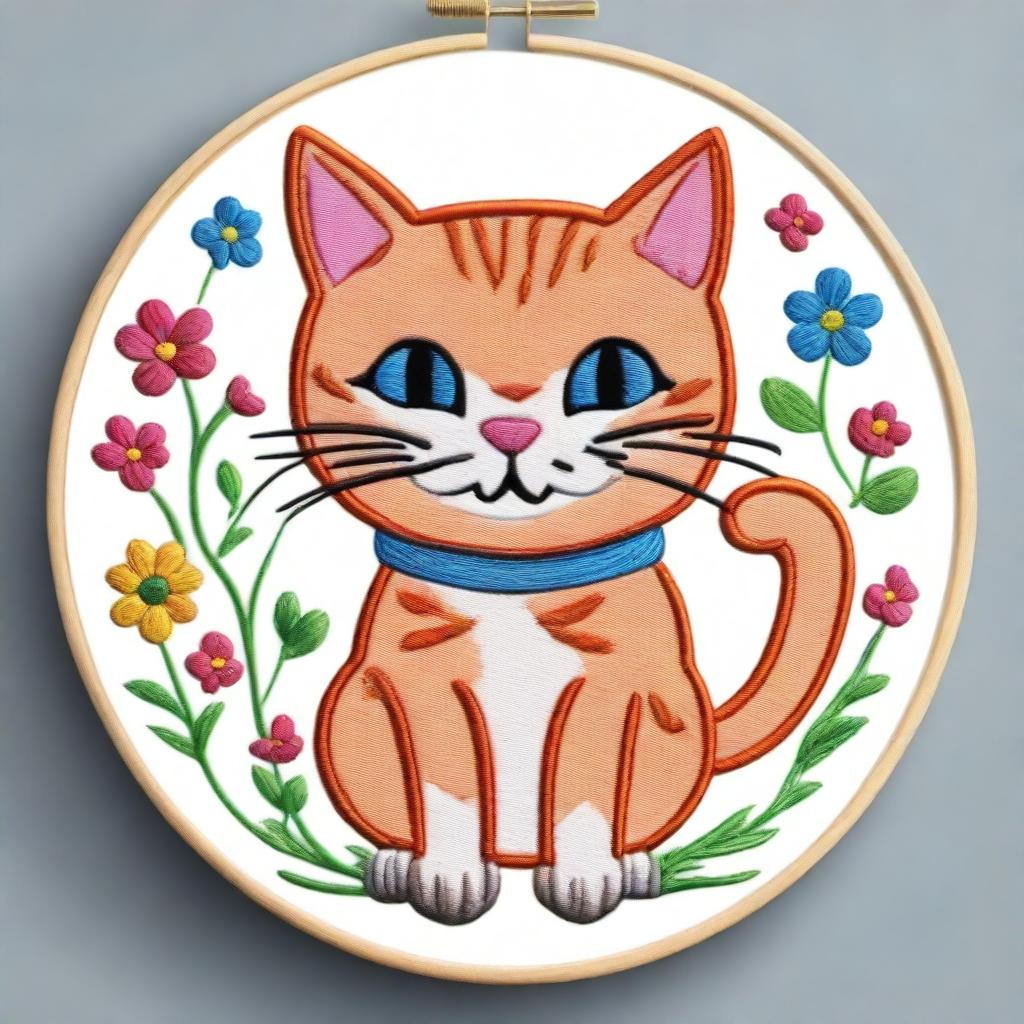 An embroidery drawing of a cute and happy cat, depicted in a joyful and playful pose