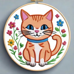 An embroidery drawing of a cute and happy cat, depicted in a joyful and playful pose