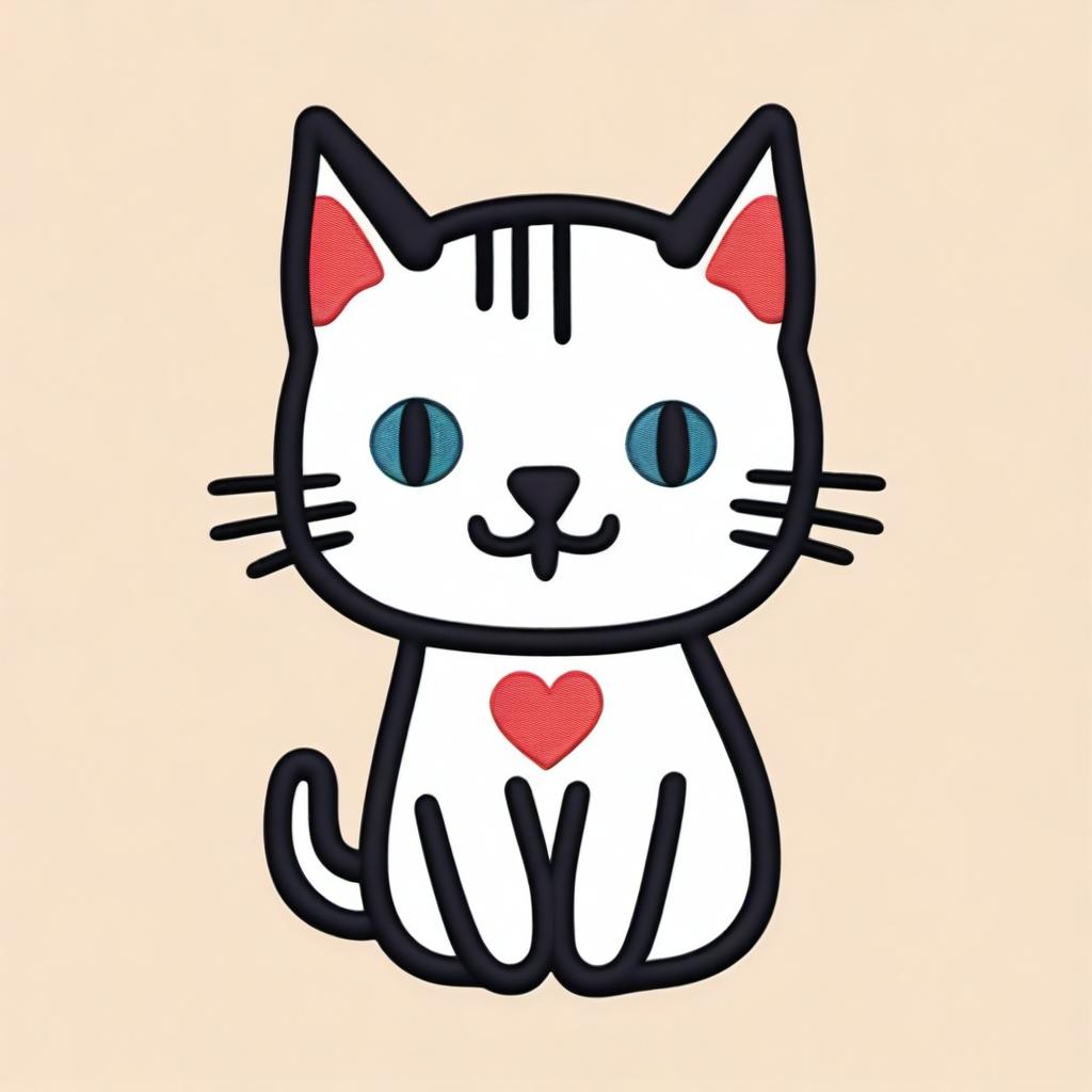 A simple embroidery drawing of a cute and happy cat, depicted in a joyful and playful pose