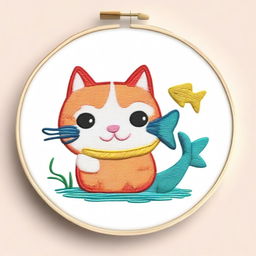 A simple embroidery drawing of a cute and happy cat holding a fish