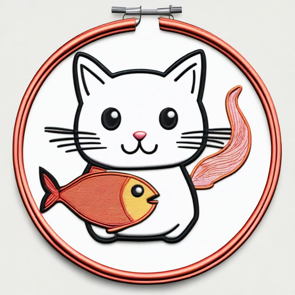 A simple embroidery drawing of a naughty and happy cat holding a fish