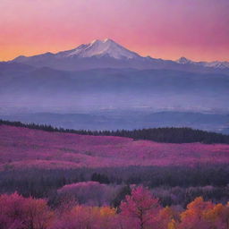 A stunning, vivid, high-definition panoramic view of a landscape at sunset, filled with vibrant shades of pink, orange, and violet, juxtaposed with silhouettes of towering trees and mountains on the horizon.