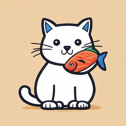 A simple embroidery drawing of a naughty and happy cat holding a fish