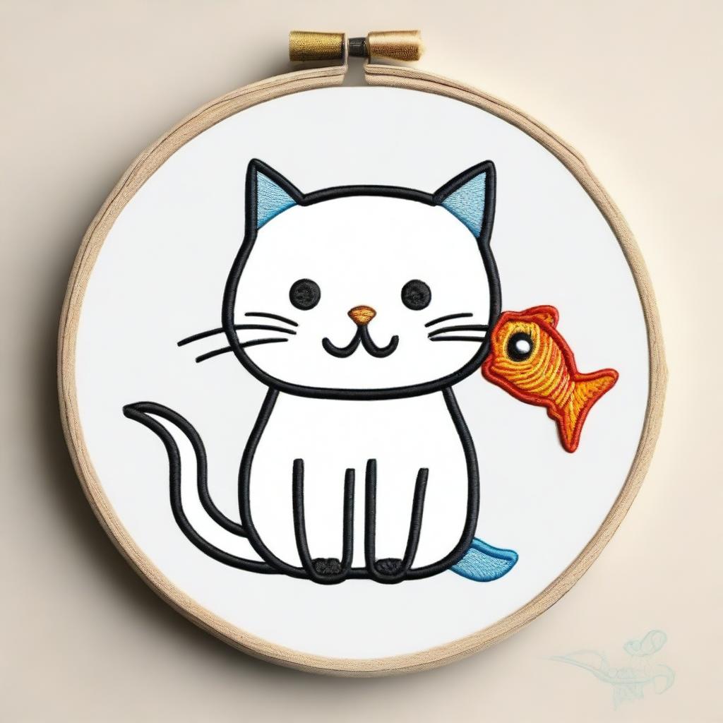 A simple embroidery drawing of a real naughty and happy cat, depicted with a fish in its mouth