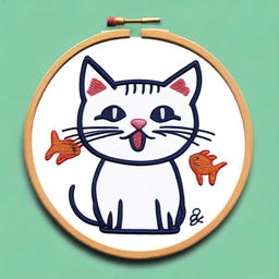 A simple embroidery drawing of a real naughty and happy cat, depicted with a fish in its mouth