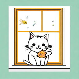 A simple embroidery drawing of a real naughty and happy cat holding a fish behind a window