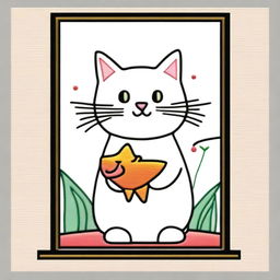 A simple embroidery drawing of a real naughty and happy cat holding a fish behind a window