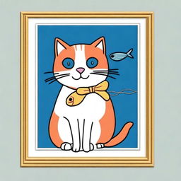 A simple embroidery drawing of a real naughty and happy cat holding a fish behind a window