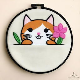 A simple embroidery drawing of a real naughty and happy cat peeking out of a pocket with a flower