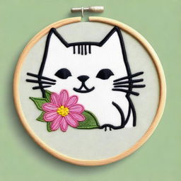 A simple embroidery drawing of a real naughty and happy cat peeking out of a pocket with a flower