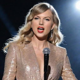 Taylor Swift at a concert, in either a sparkly sequin dress or a chic power suit, her blonde hair styled in waves, holding a microphone, singing to an adoring crowd.