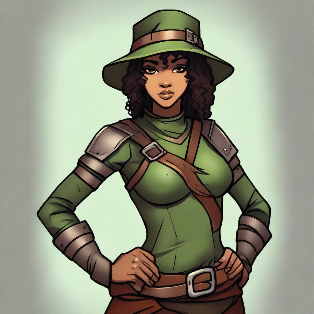 A female half-elf fighter with short dark curly hair, dark brown eyes, and dark brown skin