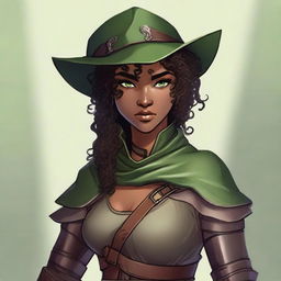 A female half-elf fighter with short dark curly hair, dark brown eyes, and dark brown skin