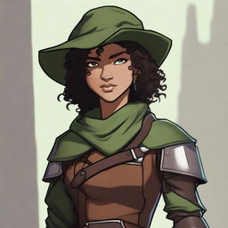 A female half-elf fighter with short dark curly hair, dark brown eyes, and dark brown skin