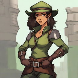 A female half-elf fighter with short dark curly hair, dark brown eyes, and dark brown skin