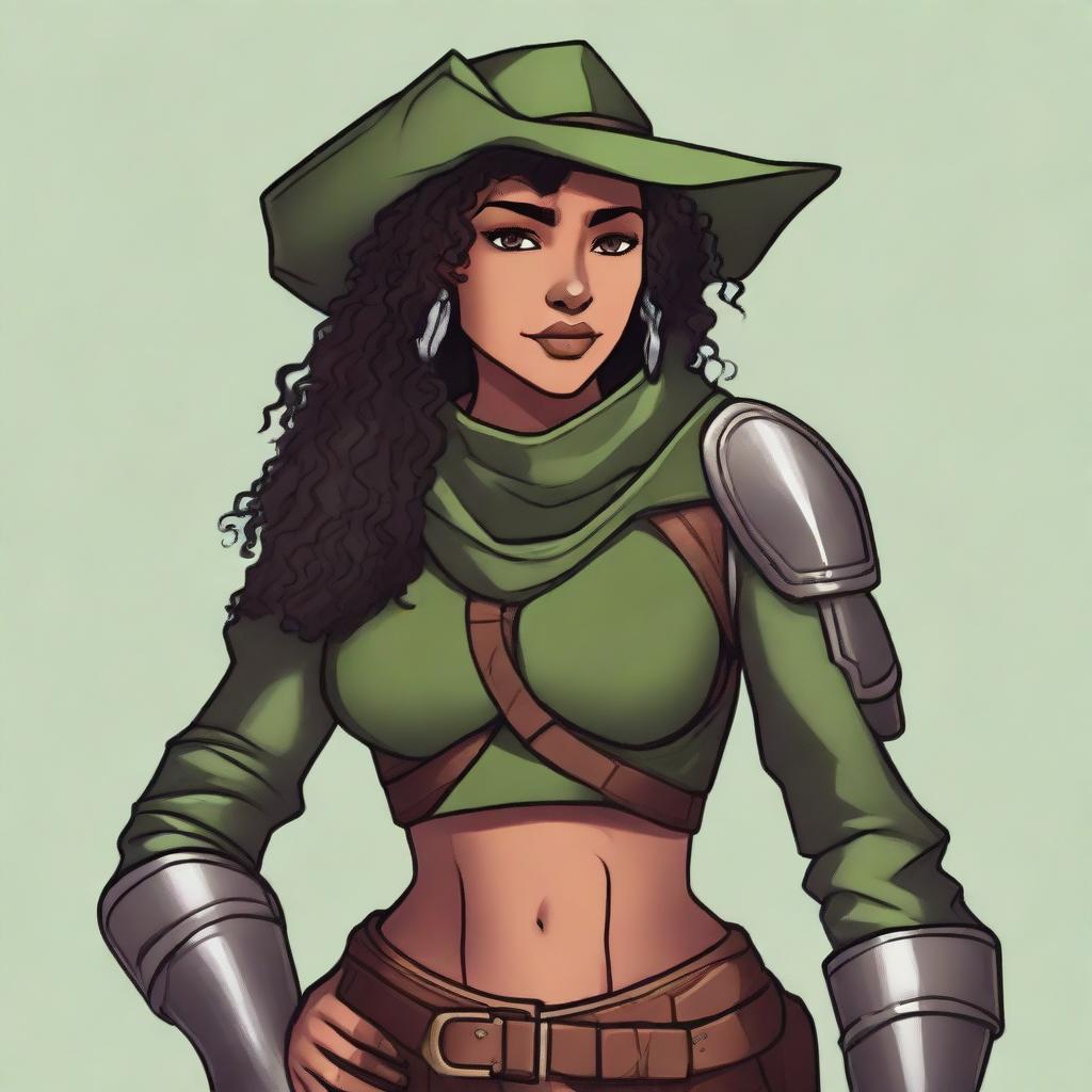 An athletic, curvy female half-elf fighter with short dark curly hair, dark brown eyes, and dark brown skin