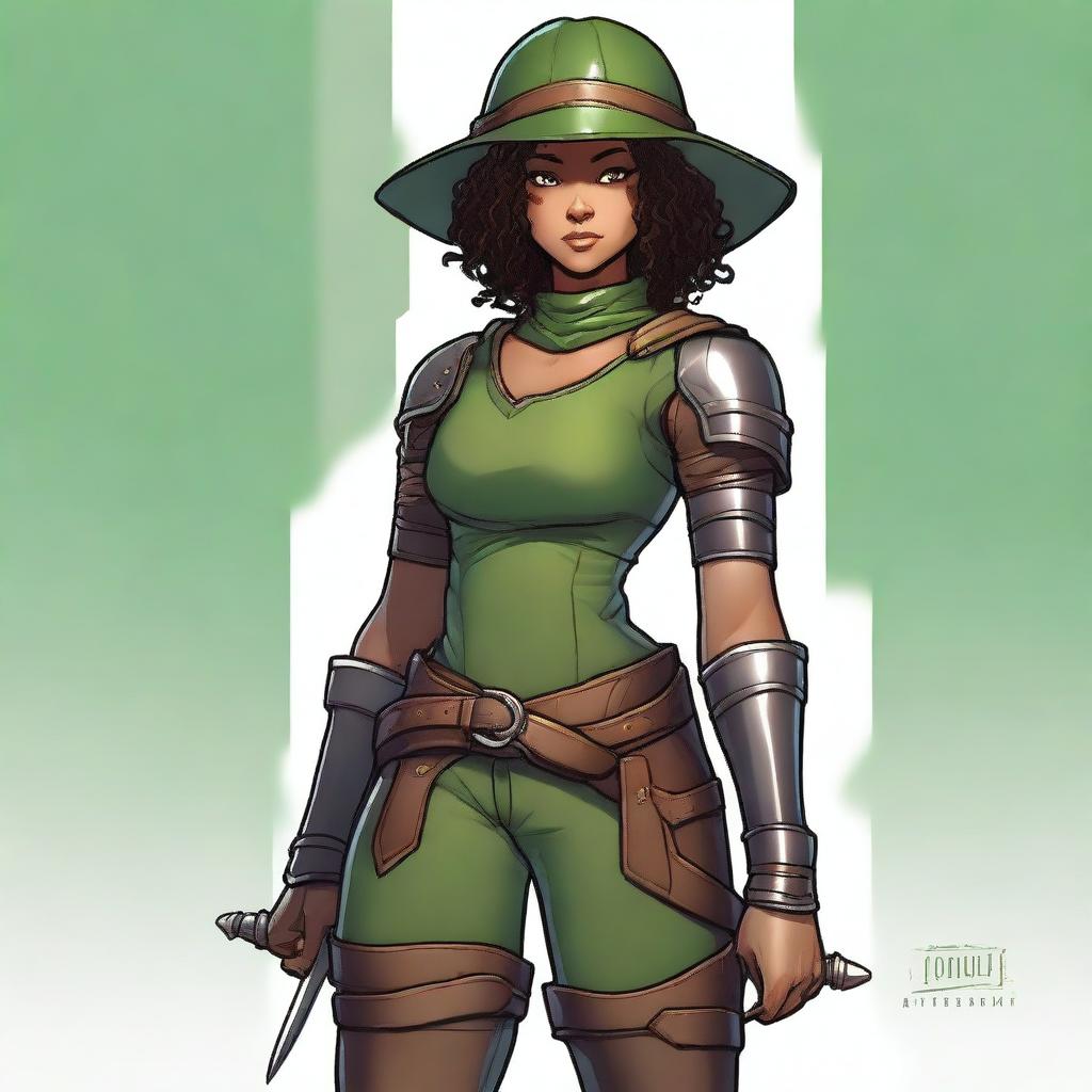 An athletic, curvy female half-elf fighter with short dark curly hair, dark brown eyes, and dark brown skin