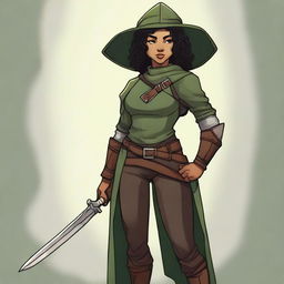 An athletic, curvy female half-elf fighter with short dark curly hair, dark brown eyes, and dark brown skin